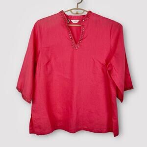 Richard Malcolm 100% Linen Pink Tunic Blouse with Sequin Trim 3/4 Sleeves